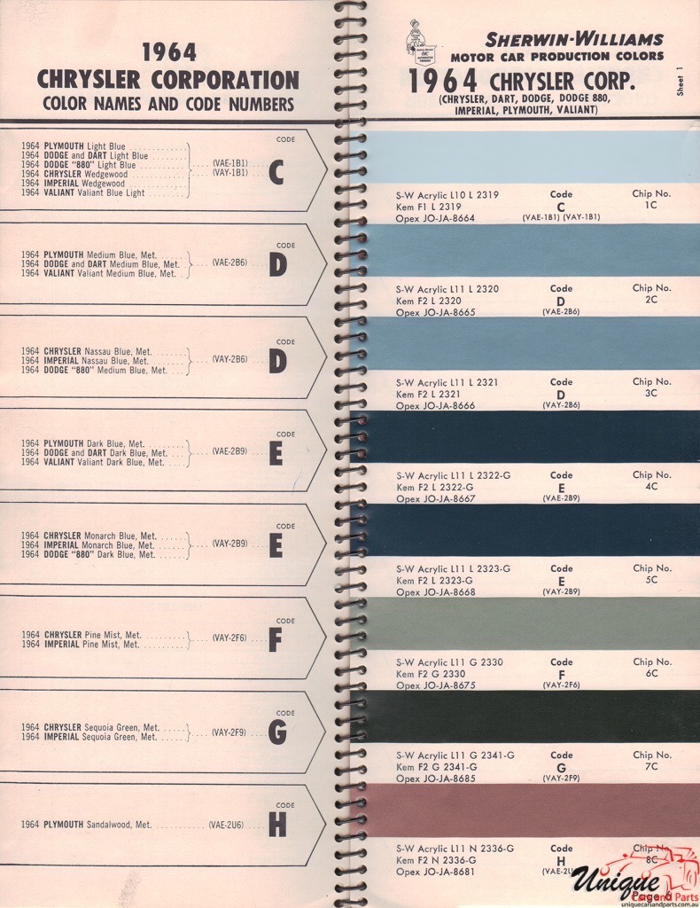 1964 Chrysler Paint Charts Williams 1